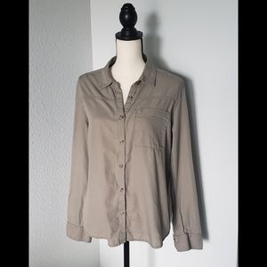 BKE Womens Button Down Shirt Olive Green Cotton